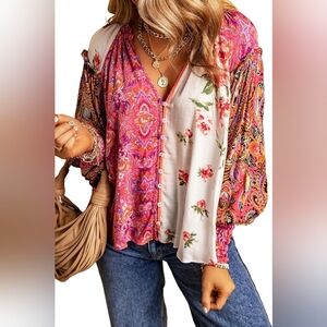 Women's Multi Color Print Floral Button Down Blouse Long Puff Sleeves V-neck L